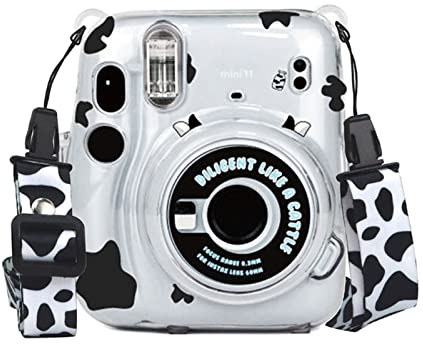Mini 11 Camera Case with Photo Pocket Bundle for Fujifilm Instax Mini 11 Instant Camera (Clear Case with Films Holder, Decoration Skin Sticker, Adjustable Shoulder Strap Accessories (Cow)