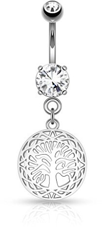 Piercing nombril anneau arbre de vie généalogique filigrane strass blanc bouclier fin