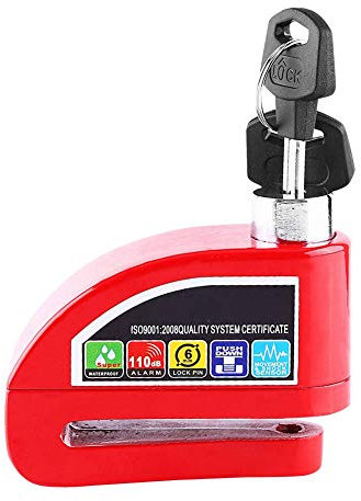 Candado Moto Disco con Alarma 110 DB, Antirrobo Moto Freno Recordatorio y Candado Bolsa, Pinza Moto Antirrobo para Motocicletas Bicicleta(Rojo)