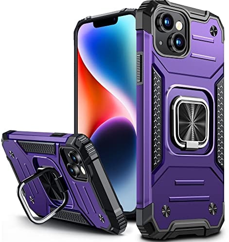 Vakoo Hülle für iPhone 14 und iPhone 13, Militär Stoßfest Handyhülle mit 360 Grad Metal Ring Halter Ständer Schutzhülle (6,1 Zoll), Violett