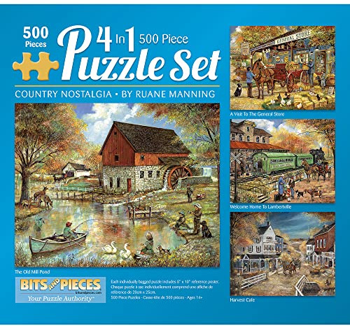 Bits and Pieces - Multipack of Four (4) 4-in-1 500 Piece Jigsaw Puzzles for Adults - Puzzles Measure 16 x 20 - 500 pc Country Pond Harvest Café Home General Store Jigsaws by Artist Ruane Manning