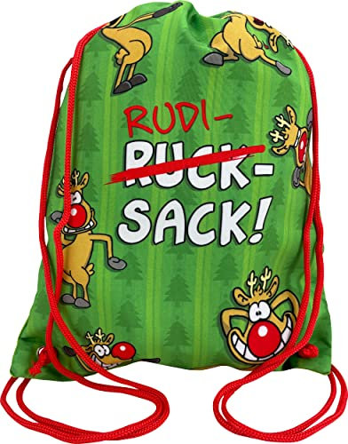 United Labels Ralph Ruthe Turnbeutel 33x40 cm, Grün Rot, Sportbeutel XMAS Rudi- RuckSack, Stoffbeutel mit Kordelzug