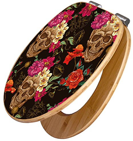 banjado® Design WC Sitz Bambus Absenkautomatik mit Motiv Los Dias de Muertos/Toilettendeckel mit Absenkautomatik Holz/hochwertiger Bambus Klodeckel/WC-Sitz für alle gängigen Toiletten