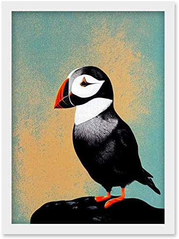 Wee Blue Coo Cute Puffin Bird on Rock Modern Print Illustration Artwork Framed Wall Art Print A4
