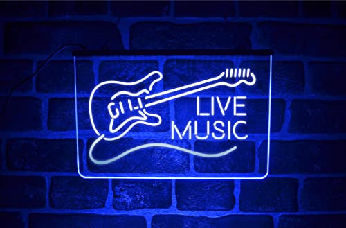 Live Music Guitar LED Neon Light Sign | Multicolour Hanging Wall Display For Home Bar Pub