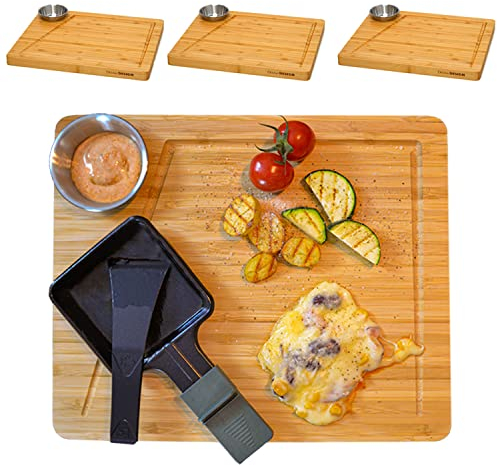 DuneDesign 4 Personen Raclette Teller Set - 30x25 Raclette Brettchen Holz mit Dipschale - Raclette Pfännchen Untersetzer Holz Raclette Holzbrettchen Untersetzer Raclette Pfännchen Zubehör für Raclette
