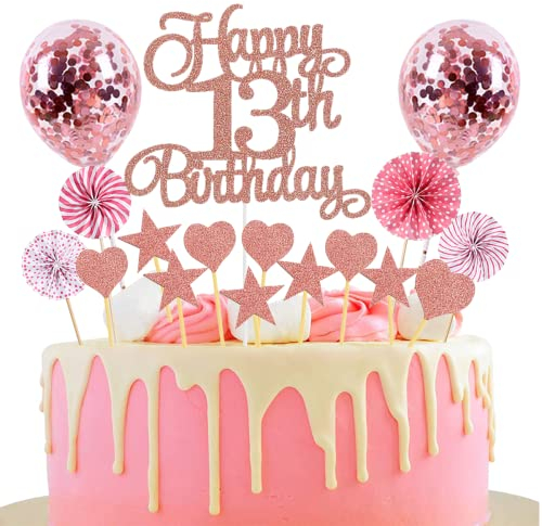 Jxuzh Happy 13th Birthday Tortendeko Rosegold - Kuchendeko für 13 Jahre Mädchen Jungen - Geburtstag Kuchen Deko Mit Herz Stern - Cake Topper Rosa