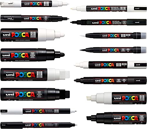 Posca Schwarz und Weiß – komplettes Set mit 16 Stiften (PC-17K, PC-8K, PC-7M, PC-5M, PC-3M, PC-1M, PC-1MR, PCF-350)