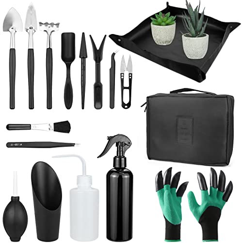 Mini Garden Tools Set, 17PCS Succulent Tools Set with Waterproof Bag, Indoor Terrarium Kit Tools, Planting Hand Tools Set for Miniature Cactus Bonsai Garden Plant Care