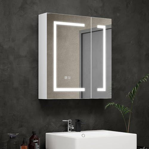 Mepplzian Spiegelschrank Bad mit Beleuchtung 60cm, Antibeschlag, 3 Farben | Dimmbarer Badezimmerschrank mit LED Spiegel, Badschrank 60cm Breit Hängend,beschlagfrei,Touch-Sensor, 65x13.5x60 cm, Weiß