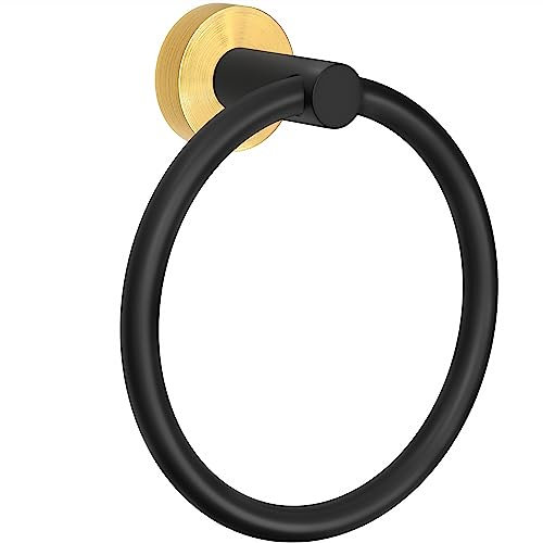 SAYONEYES Anneau porte-serviettes noir mat et doré – Acier inoxydable SUS304 résistant à la rouille – Support mural pour salle de bain et cuisine – Porte-serviettes de forme ronde – 1 paquet
