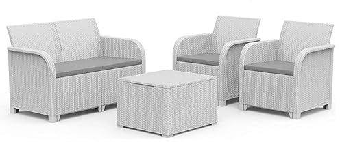 Mondo Viro Outdoor Wohnzimmer aus Harz bestehend aus Sofa Sessel und Gartentisch und Veranda (Weiß)