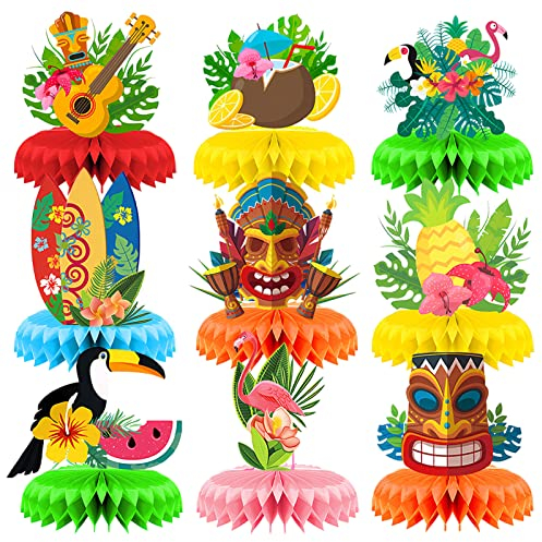 TOPJOWGA Hawaii Party Deko, 9 Stück Luau Party Mittelstücke, Tischdeko Luau Waben-Tischdekoration, Bienenwabe Mittelstück für Tischdekorationen, Tischdeko Bienenwaben für Aloha Sommer Strand Party