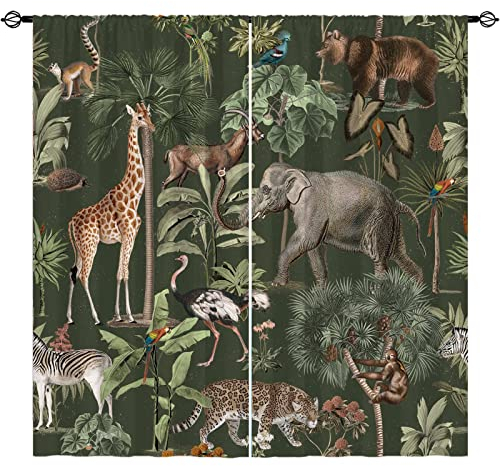 YUANZU Tiervorhänge Stangentasche Safari Wildbär Giraffe Elefant Gepard Zebra Dschungel Wald Druck Muster Fenster Vorhänge für Schlafzimmer Wohnzimmer Cafe Büro B 107 x L 213 cm 2 Paneele