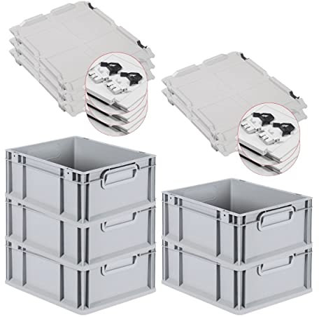 PROREGAL SuperSparSet 5x Eurobox NextGen Grip mit Scharnierdeckel und schwarzen Schiebeschnappverschlüssen, HxBxT 17x30x40cm, 16 L, Grau, Griffe geschlossen, Eurobehälter, Transportbox