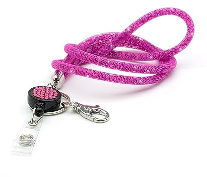 CKB LTD Rosa glitzerndes Umhängeband mit Strasssteinen und drehbarem Metallclip und glitzerndem einziehbarem Ausweishalter, 1 Stück