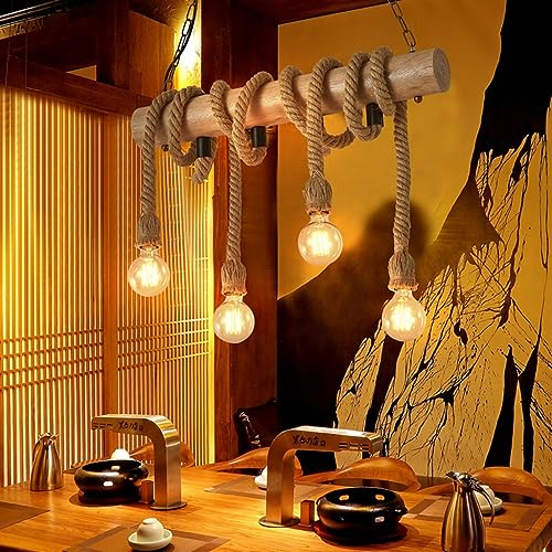 Vintage Pendelleuchte E27 Hanfseil Hängeleuchte Hanfseil Eisen Industrie Antik Kronleuchter Höhenverstellbar Hängelampe Handgewebt Restaurant Bar Loft Retro Pendellampe Rustikal Beleuchtung