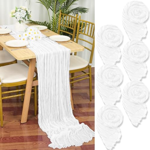 6 Stück Seihtuch Tischläufer Weiß,90 x 300 cm Weiß Rustikaler Gaze Stoff Boho Tischläufer Käsetuch Cheesecloth Tischläufer Hochzeit Tischdecke für Hochzeitsfeier Brautparty Tischdekoration