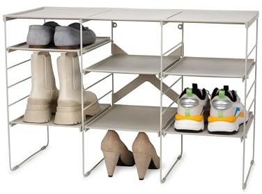 Joseph Joseph Level Adjustable Tier Shoe Rack Organiser, Durable Shelves And Steel Frame, Triple, Stores 12 Pairs, Ecru