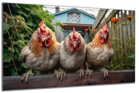 DARO Design - Wand-Bild auf 6mm HDF 70x50 cm 3 Hühner auf Zaun - Wand-Deko Bilder Geschenk