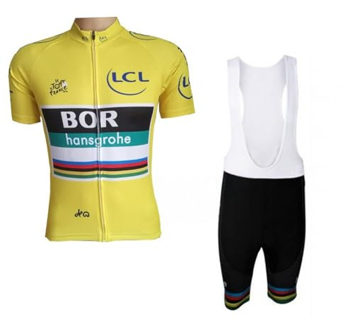 SGCIKER Pro Team BORAHansgrohe France Tour Leader Yellow Radtrikot Set, Kurzarm Fahrrad bekleidung Lätzchen Kurzsets Gel Pad（L