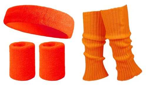 Carnavalife Kostüm 80er Jahre für Erwachsene, Damen, mit Haarband, Handgelenksbandagen, Beinwärmer, Neon Gym, Zubehör 80er Jahre, Sportbänder 80er Jahre (80er Jahre, Orange)