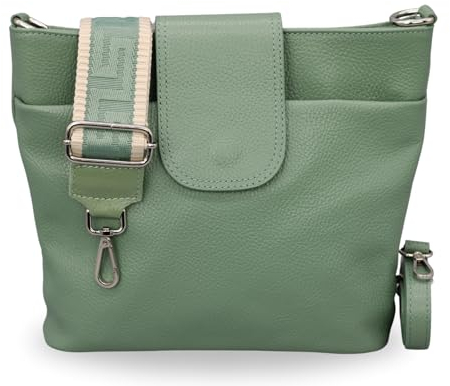 BRISE Umhängetasche Damen Echtes Leder ELLIE Handgemachte Crossbody Bag mit Ledergurt + Optionalen Breiten Gemusterten Riemen 7 Fächer Wasserdichte Schultertasche Made in Italy (Mintgrün - 3)