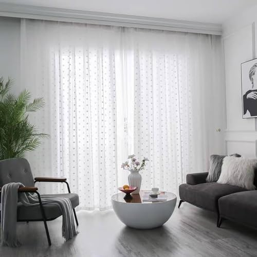 Homxi Gardinen Halbtransparent 2er Set,2 x 107W x 115H cm,Gardinen Schlafzimmer Modern Transparent Weiß Tupfenmuster Vorhänge mit Ösen