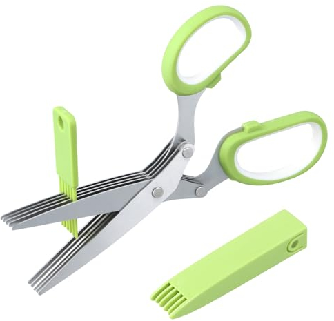 Shengxi Tijeras para Hierbas Multifuncionales Tijeras de Cocina 5 Hojas Tijeras Especias de Acero Inoxidable con Tapa de Seguridad y Peine Limpieza para Hierbas, Cebollino, Perejil