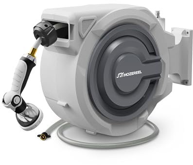 Hozereal Gartenschlauchtrommel, einziehbar, 30 m x 1,27 cm, automatische selbsteinziehende Wandhalterung, geschlossene Aufbewahrung, Verriegelung jeder Länge, 10 Muster, Grau