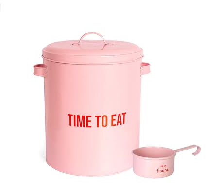 Fisura – Contenedor de comida para mascotas “time to eat”. Contenedor pienso con tapa y pala medidora. Contenedor comida perros y gatos de metal. 5 kg de capacidad (Eat, rosa)