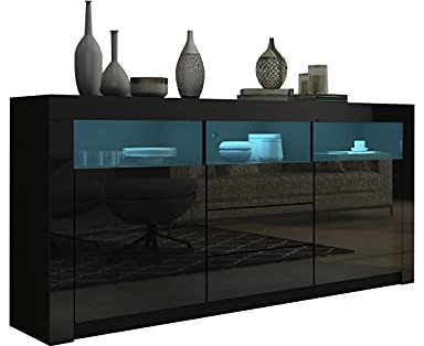 Black High Gloss Sideboard, Sideboards for Living Room, Modern Kitchen Cabinet with 2 Doors & 3 Drawers, LED Storage Cupboard TV Stand Unit with Led Light 160x35x72cm