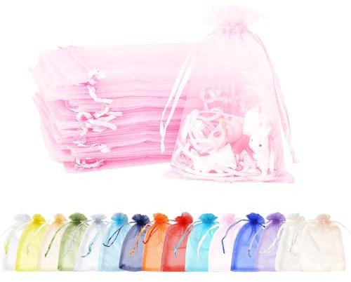 MORAINJAY 100 Stück Rosa Organzasäckchen,9x12cm Kleine Geschenkbeutel Organzabeutel Organza Beutelchen mit Kordelzug Sie als Hochzeit Bonbonsbeutel,Schmuckbeutel,Weihnachtsgeschenke,Geburtstag Party