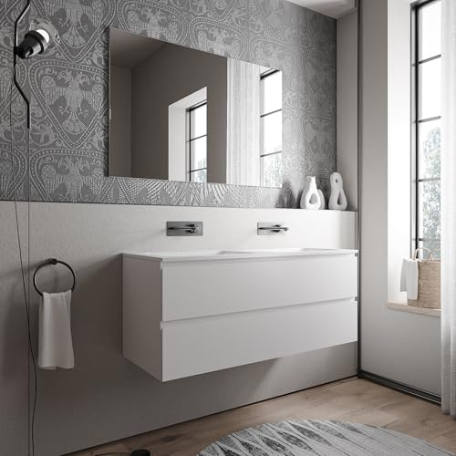 Bernstein Badmöbel-Set AVA 120cm bestehend aus Mineralguss-Doppel-Waschbecken mit Unterschrank in Weiß matt, Waschtisch Bruxelles - Weiß matt ohne Hahnloch, Ideal für große Bäder