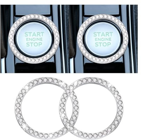 CGEAMDY 2 Stück Auto Motor Start Stop Button Ring, Universal Auto Kristall Strass Motor Starter Dekoration Ring, Auto Startknopf Dekorationsring Autoinnenraum (Einreihig/Weiß)