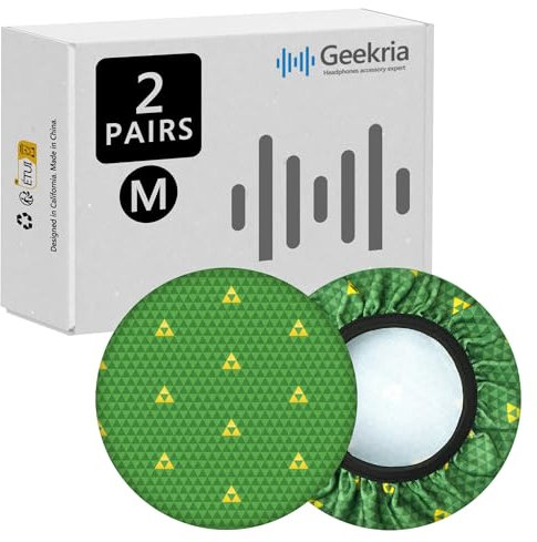 Geekria 2 Paar Ohrstöpsel aus flexiblem Stoff für Kopfhörer, waschbare und Dehnbare Protektoren für Over-Ear-Headsets, schweißresistent (Zelda Grünes Dreieck/Größe M)