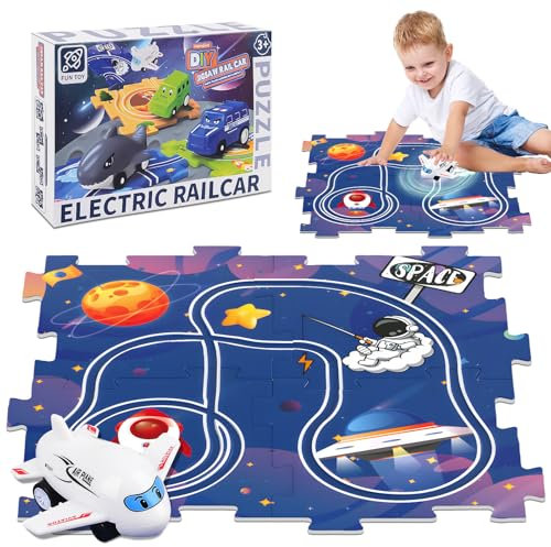 Puzzle Racer Kids Car Track Set, Kids Toys for 3 Year Old Boys Gifts, Kids Jigsaw Puzzle Track Car PlaySet with Airplane, Space Theme Game Track Toys for 2 3 4 5 6 Years Old Boys Girls Gifts(A)