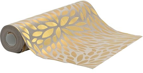 100%Mosel Herbst Tischläufer, in Naturtönen (28 cm x 5 m), Tischband in Matter Samt-Optik mit Aufdruck in Gold, edle Tischdeko für Hochzeit, Geburtstagsfeier und Festliche Anlässe (Blütenblätter)