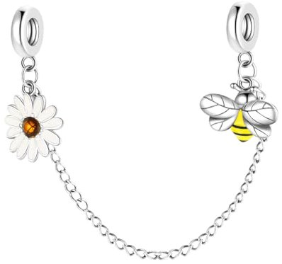 GOUWO Safety Chain with Bee and Chrysanthemum 925 Silver Charms for Bracelets and Necklaces Fit Pandora Bracelets Birthday Halloween Mother's Day Valentine's Day Gifts for Women