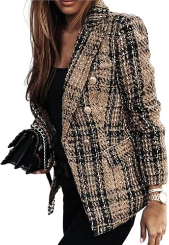 Blazer à Carreaux pour Femmes Revers à la Mode Veste en Tweed imprimée à Carreaux à Double Boutonnage Blazer décontracté élégant pour Bureau d'affaires (Marron,S)
