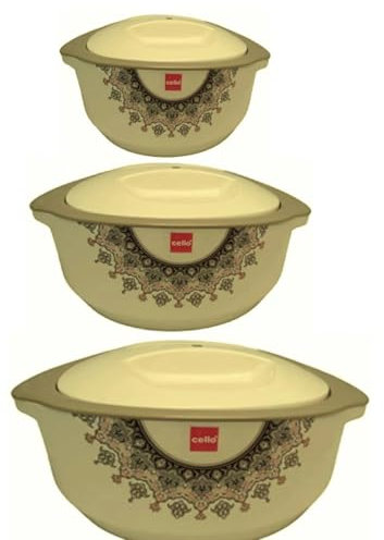 Serve Insulated Steel Casserole Set, 3 Pieces, Insulated Casserole Hot & Cool Food Serving Dish with Lid, Double Wall Stainless Steel Inside (500ml, 850ml, 1500ml) (Cream)