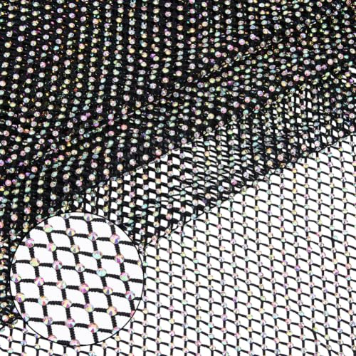 SUPERFINDINGS 1.5 Meter Dehnbar Strass Netzstoff Kristall Bling Glänzend Funkelnder Schwarzer Netzstoff AB Farbe Kristall Netzstoff Schwarzer Stoff Dehnbares Netz Für DIY Kleidung Taschenherstellung