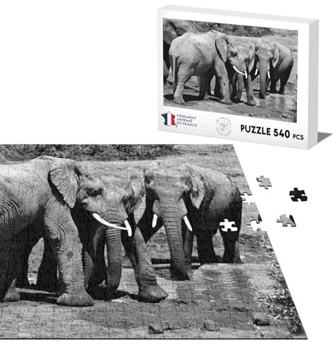 Klassisches Puzzle 540 Teile Elefant auf Wasserstelle schwarz und weiß