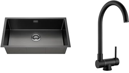 Lonheo Fregadero de cocina 74 x 44 cm negro+grifo de cocina plegable Uform-Negro