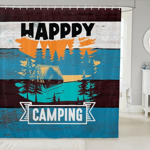 Homemissing Camper Badevorhang Happy Camping Duschvorhang Textil für Kinder Jungen Mädchen Dekor RV Camping Duschvorhang 180x200cm Mit Haken Badezimmerzubehör Cartoon Camping Auto für Stände