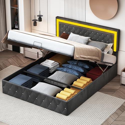 KEFSR Gepolstertes Bettgestell aus Samt, mit hydraulischem Stauraum, modernes, verstellbares LED-Kopfteil mit Strass-Dekoration, kein Boxspringbett erforderlich (Schwarz, 160 x 200 cm)