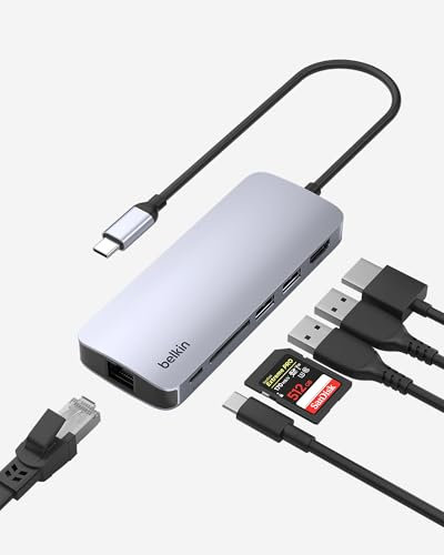 Belkin Hub USB-C: base adaptador multipuerto 6 en 1 con HDMI 4K, carga de paso PD USB-C de 100 W, 2 puertos USB-A, puertos Gigabit Ethernet y ranura SD para MacBook Pro, Air, iPad, Pro, XPS y más