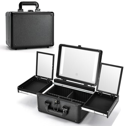 Make Up Box with Led Mirror Vanity Case Travel Makeup Case with 3 Colour Setting Light Up Mirror Adjustable Dividers and Fold-Out Trays for Jewellery Storage Cosmetic Organiser Black