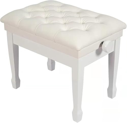 Klavierbank aus Massivholz, höhenverstellbar 48–58 cm, Klavierbank aus PU-Leder, Einzelhocker mit dicker Polsterung (Farbe: Weiß)