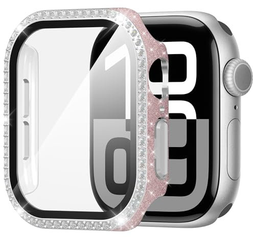 Suoman Protection Écran pour Apple Watch Series 9/8/7 41mm Coque Diamants Ultra Mince Verre Trempé Dur PC Matériel Coque Écran Case,Rose,41mm